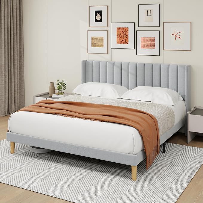 alazyhome Platform Bed Frame King Size with Upholstered Headboard, Solid Wood Slats Support, No Box Spring Needed, Noise Free, Easy Assembly, Modern Fabric Bed, Light Grey