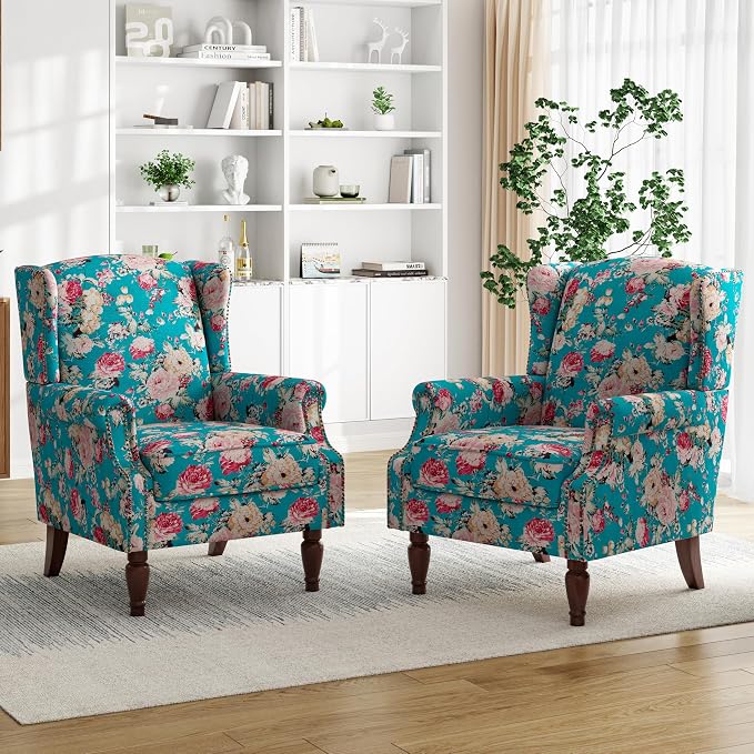 Pia Ricco High Back Floral Accent Chair - Retro Wingback Upholstered Armchair with Nailhead Trim, Solid Wood Legs, Fabric Living Room Bedroom Reading Chair (Peacock Blue)
