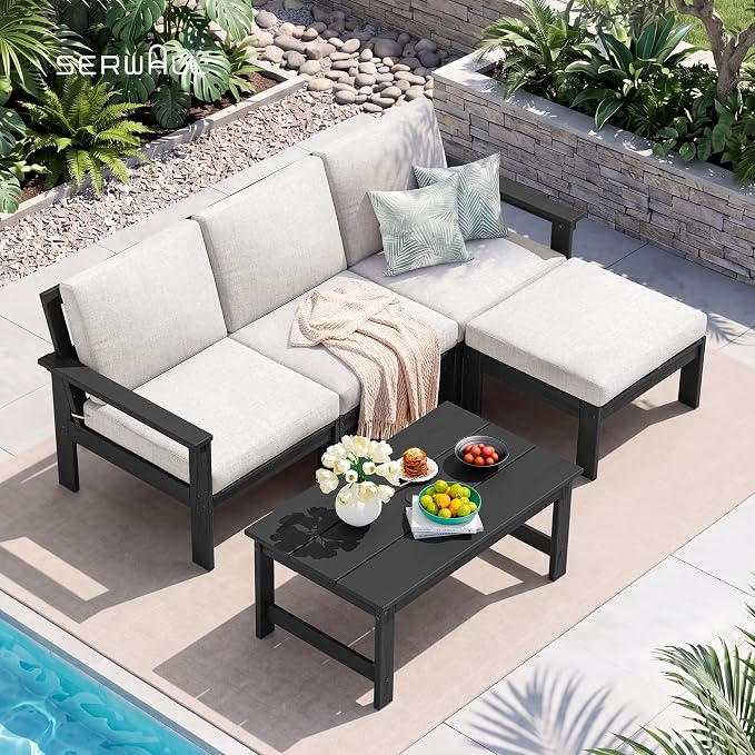 SERWALL Outdoor Ottoman with Cushions for Sofa Set, Black HDPE Frame with Beige Cushions