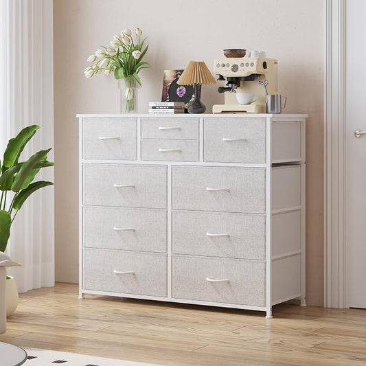 LUMTOK 10-Drawer Dresser, Fabric Storage Tower with Drawers for Bedroom, Dresser Drawer with Handle for Bedroom, Living Room, Hallway, Closets & Nurseryteel Frame, Wood Top (Light Grey)