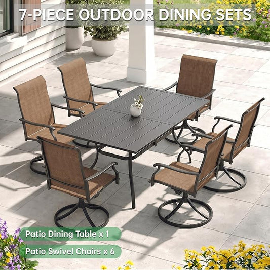 7-Piece Outdoor Dining Set with Umbrella Hole,Patio Swivel Chairs Set and 63"x 38"x 28" Outdoor Patio Table for 6,Modern Garden Dining Set for Poolside Seaside Backyard