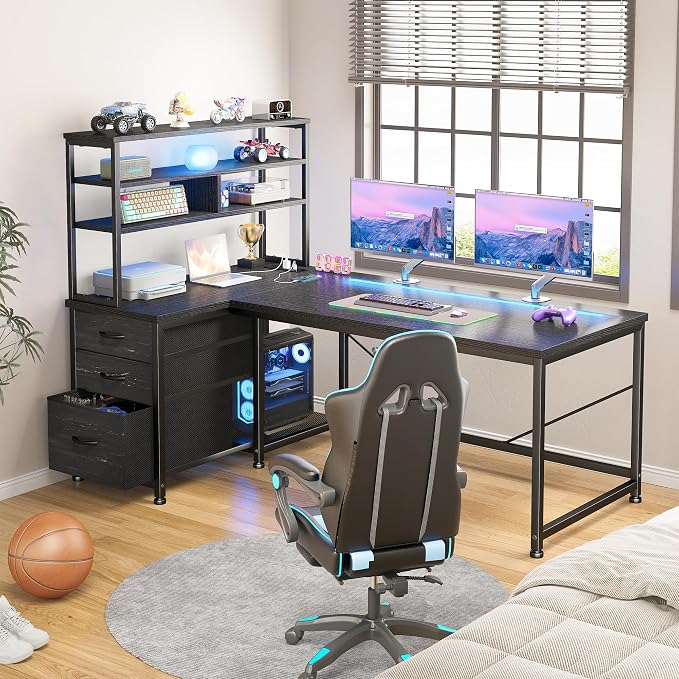 DurayLoly L Shaped Gaming Desk with 3 Fabric Drawers & Shelves for Storage | Reversible Computer Desk with LED Lights, Power Outlet and PC Stand of Home Office Desk for Bedroom,Dorm,Gaming Room,Black
