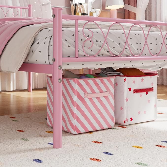 GarveeHome Twin-XL Size Bed Frame, Metal Platform Bed Frame with Headboard and Footboard, 12.2 in Bed Frame with Strong Metal Slats Support, Under Bed Storage, No Box Spring Needed, Pink