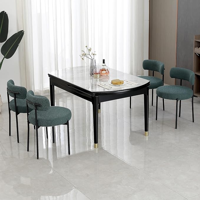 DYHOME Green Dining Chairs Set of 2, Mid-Century Modern Dining Chairs, Kitchen Dining Room Chairs, Curved Backrest Round Upholstered Boucle Sherpa Dining Chair with Black Metal Legs