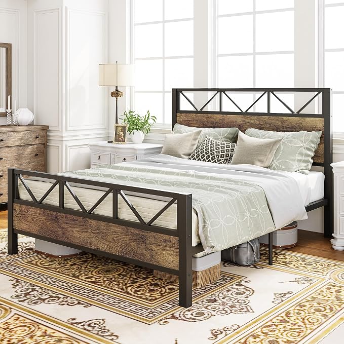 LIKIMIO Queen Bed Frame, Tall Industrial Headboard 51.2 ", Platform Bed Frame with Strong Metal Support, Solid and Stable, Noise Free, No Box Spring Needed, Easy Assembly, Rustic Maple