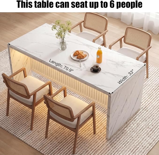71’’ Large Faux Marble Dining Table for 6 People, 37.4’’H Tall Modern Kitchen Island with LED Lights, Rectangle Kitchen Dining Table for Home
