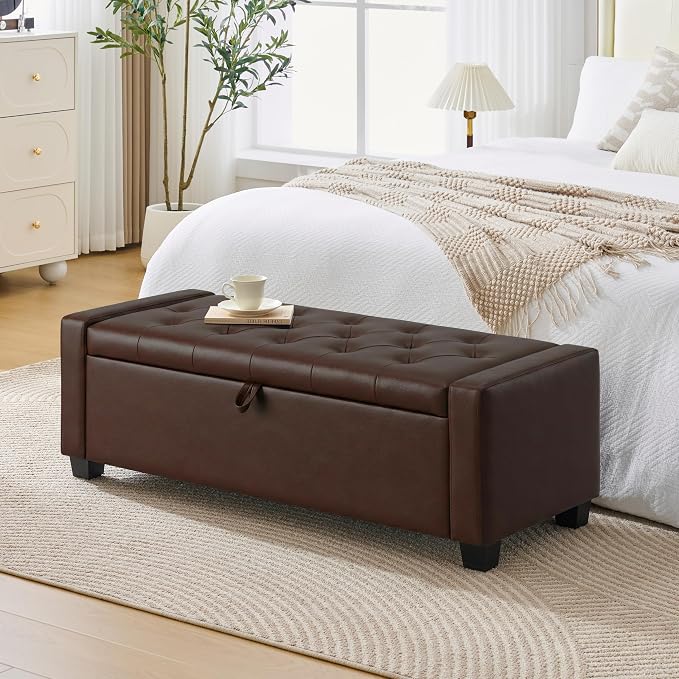 Huatean Home 48" Ottoman with Storage, Storage Ottoman Bench with Safety Hinge, Upholstered Entryway Bench with Seating for Bedroom, Living Room, Holds up to 330 lb, Dark Brown
