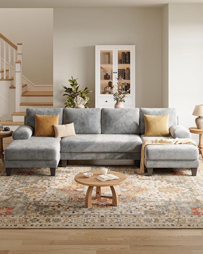 U-Shaped Sectional Couches for Living Room | 112 Inch Modern Sectional Couch | Light Grey Chenille Sofa with Double Chaise for Apartment