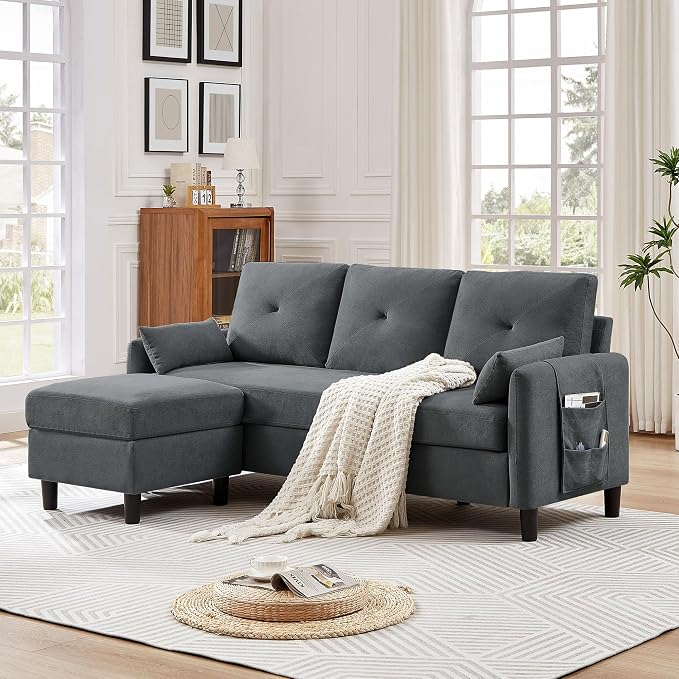 Convertible Sectional Sofa, 77" Small L Shaped 3 Seat Couch with Reversible Storage Chaise, Modern Polyester Fabric Sofa Couches for Living Room, Apartment and Small Space, Dark Grey