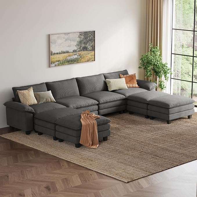 LINSY HOME 157'' Modular Sectional Sofa 4 Seat Couch Corduroy Cloud Couch with Deep Seat, Modern Cloud Couch with 4 Movable Ottoman for Living Room, Office, Bedroom, Grey