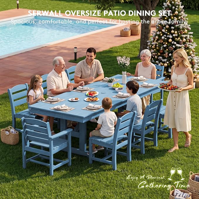 SERWALL 10 Piece 84" HDPE Outdoor Dining Set for 8 with 6 Armless Chair, 2 Armchairs and Umbrella, Navy
