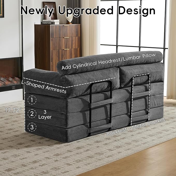5-in-1 Convertible Sofa Bed, 60" Boneless Loveseat Couch Tri Folding Mattress with Removable L-Shaped Armrests, Corduroy Futon Couch Sleeper with Pull Out Bed for Living Room Bedroom Apartment, Grey