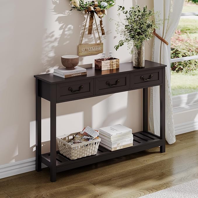 ChooChoo Console Table with 3 Drawers, Rustic Entryway Table, Narrow Long Sofa Table for Living Room, Hallway, Behind Couch, Black