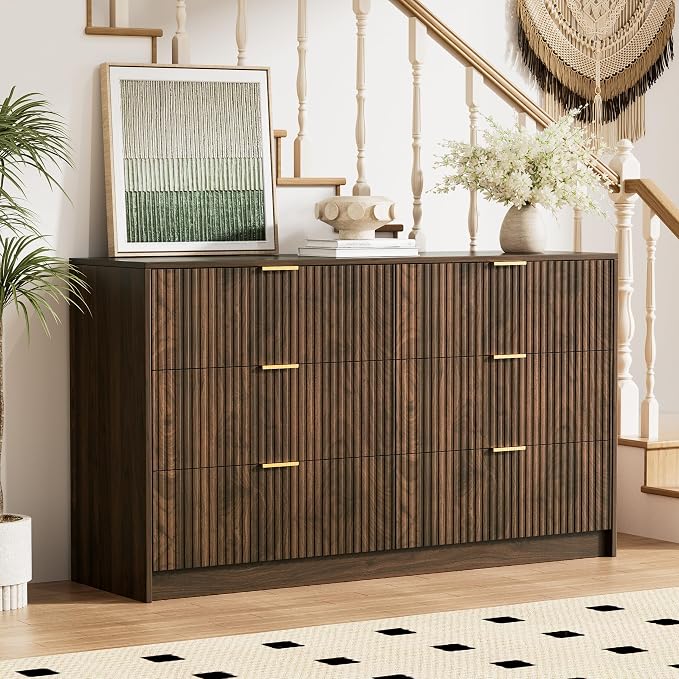 Furniway Walnut Dresser for Bedroom, Modern Dresser with 6 Drawers and Smooth Slides, Wide Chest of Drawers with Golden Handles for Bedroom, Living Room, Closet, 15.7" D x 55.1" W x 31.4" H