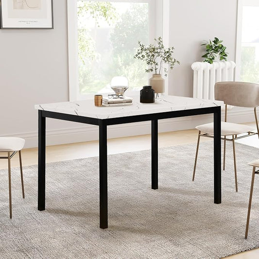 Roundhill Furniture 5 Piece Citico Metal Dinette Set with Laminated Faux Marble Top, White Table with Red Chairs