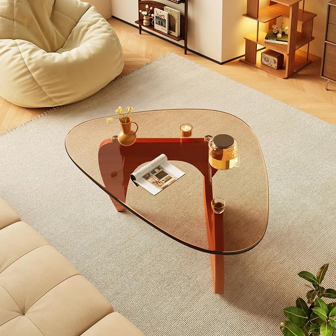 Coffee Tables Glass Small Farmhouse Coffee Table Mid-Century Modern Wood Center Table for Living Room, Walnut Brown, 32 Inch