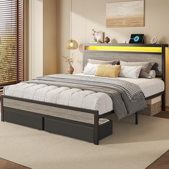 HISOFT Queen Bed Frame with Storage, Wood Headboard with Fast Charging Station, LED Lights, Platform Bed Frame Queen Size, Fabric Drawers with Wheels, No Box Spring Needed, Noise Free, Rustic Grey