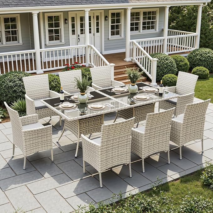 10-Piece Patio Dining Set, Patio Furniture Set with Square Tempered Glass Table & 8 Wicker Chairs, Expandable Design for Larger Groups, Outdoor Furniture for Backyard, Deck, Garden, Grey