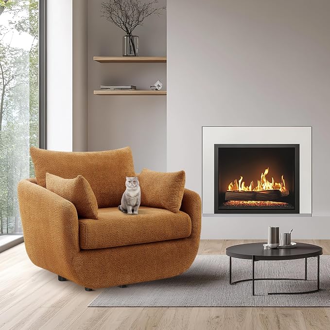 360° Swivel Accent Armchair, 39.3" Oversized, Sherpa Boucle Fabric Sofa Chair with Removable Back & Arm Pillows, Swivel Chair with Cozy Soft Padded (1, Curry)