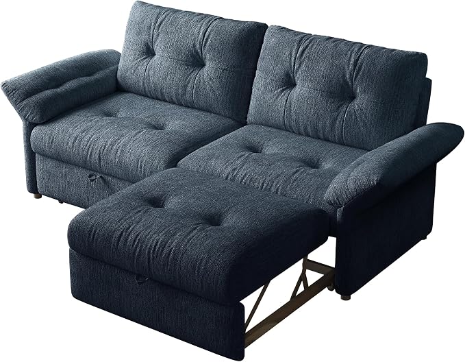 81.5" Pull Out Sofa Bed Full Size, Pre-Assembled Chenille Sleeper Sofa, Convertible Loveseat Futon Couch with Tufted, Pillows, for Apartment, Living Room, Small Spaces, dorms, Blue