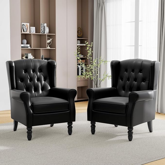 Pia Ricco Set of 2 Mid-Century Modern Wingback Accent Chairs - Luxe Black Faux Leather with Wooden Legs | Easy-Clean PU Leather for Living Room, Lounge, Home Theater & Dining Room
