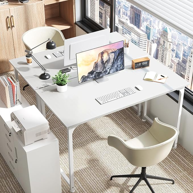 Huuger Computer Desk, 48 Inch Office Desk, Gaming Desk with Storage, Writing Desk Work Desk for Home Office, Study, Modern Simple Desk, Large Legroom, Metal Frame, White