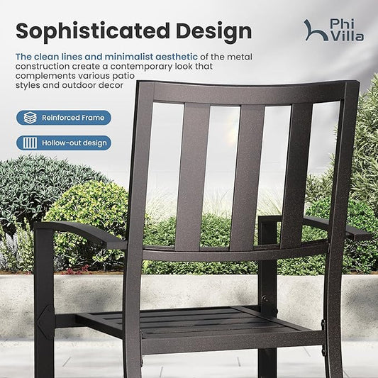 PHI VILLA 5 Piece Outdoor Dining Table Set for 4, 42” Round Steel Dining Table with Umbrella Hole & 4 Black Stacking Metal Chairs for Patio, Deck, Yard, Porch