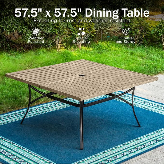 PHI VILLA 9 Pieces Outdoor Dining Set for 8, 57.5” Brown Wood-Like Square Metal Steel Table with Umbrella Hole & Stackable Wrought Iron Chairs, Large Outside Furniture for Patio, Deck, Yard, Porch