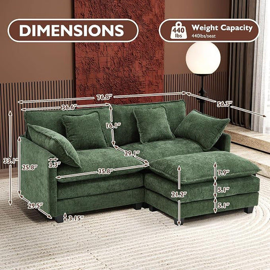 Ihanherry 77" L Shaped Modern Sofa Modular Sectional Cloud Couch with Ottoman, 3-Seat Chenille Deep Seat Sofa with Pillow for Living Room, Bedroom and Apartment, Green