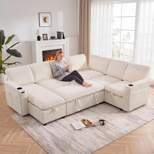 Sectional Sleeper Sofa with Pull Out Bed, Plush Corduroy 7 Seat Modular Sectional Sofa with Storage Chaise and Adjustable Backrest, Cloud Couches for Living Room, Apartment, Beige