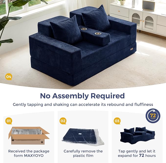 MAXYOYO Loveseat Sofa Bed, 64" Foldable Floor Sofa Couch in A Box with 2 Cup Holders, 4 in 1 Convertible Boneless Couch Folding Recliner Chair for Living Room, No Assembly Required, Navy