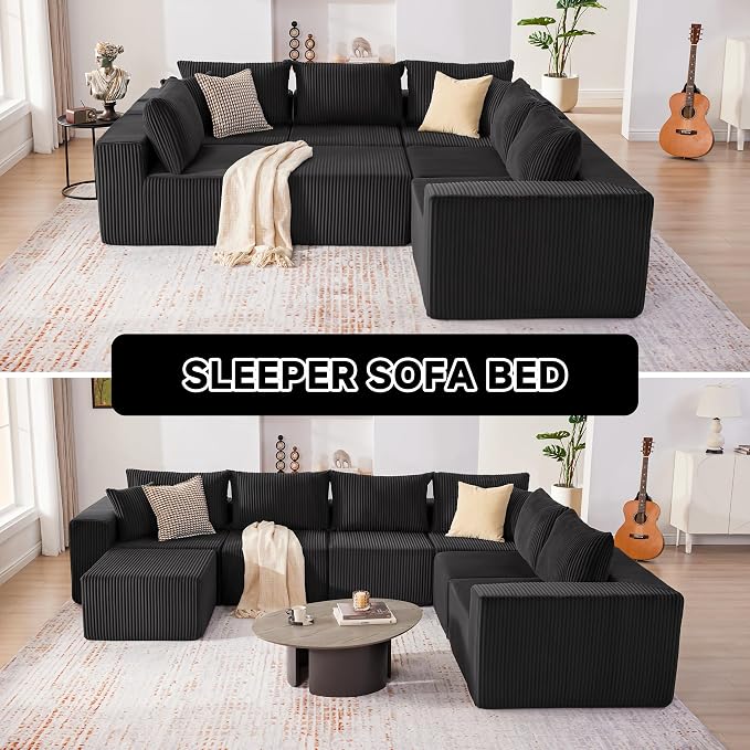 Cloud Couch Sectional, Modular Sofa with Deep Seat, Convertible Sectional Couches for Living Room, Plush Corduroy U Shaped Boneless Couch (Black, 6 Seater & 1 Ottoman)