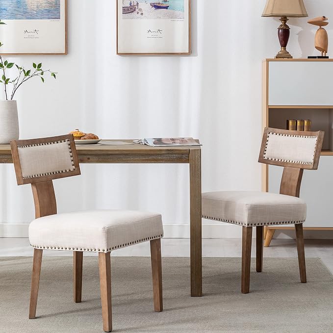 RIVOVA Mid Century Modern Dining Chairs Set of 6 Linen Fabric Upholstered Kitchen Side Chairs with Nailhead Trim, Modern Kitchen Armless Solid Wood Dining Chairs, Beige