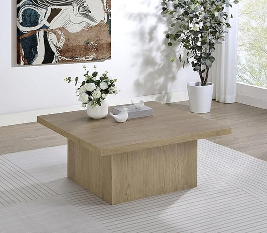 Coaster Home Furnishings - Devar - Wood - Square Coffee Table with Pedestal Base, Geometric Design and Transitional Style - Living Room - Latte - 710918