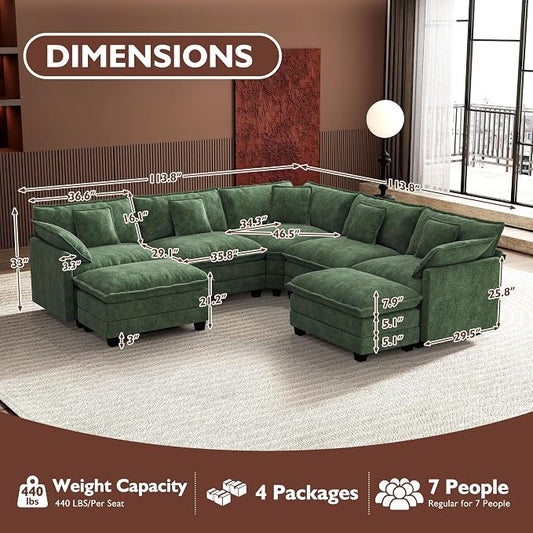 Ihanherry 114" V-Shaped Modern Sofa Modular Sectional Cloud Couch with 2 Ottoman, 7-Seat Chenille Deep Seat Sofa with Corner Section for Living Room, Bedroom and Apartment, Green