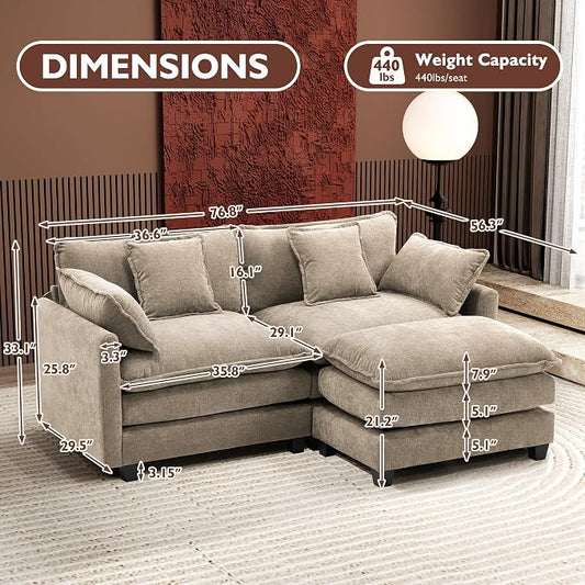 Ihanherry 77" L Shaped Modern Sofa Modular Sectional Luxurious and Comfortable with Ottoman, 3-Seat Chenille Deep Seat Sofa with Pillow for Living Room, Bedroom and Apartment,Sand