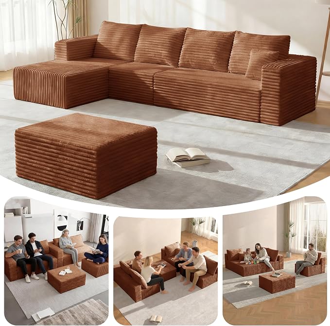 BSHOMGI 92.5'' U-Shaped Boneless Couches, Comfy Corduroy 3 Seaters Sofas with Ottoman, Modern High Back Sectional Sofa for Living Room with Oversized Chaise Deep Seat Sofa, No Assembly Needed