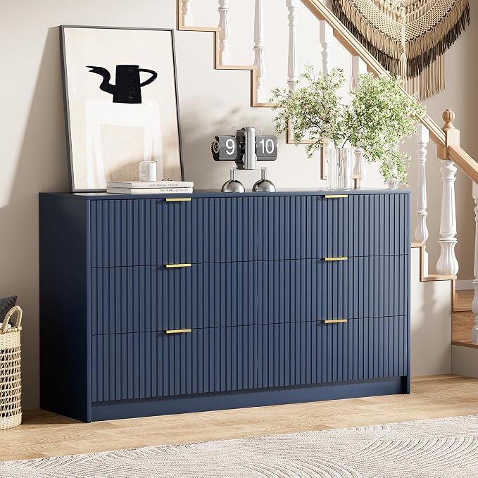 Furniway Navy Blue Dresser for Bedroom, Modern Dresser with 6 Drawers and Smooth Slides, Wide Chest of Drawers with Golden Handles for Bedroom, Living Room, Closet, 15.7" D x 55.1" W x 31.4" H