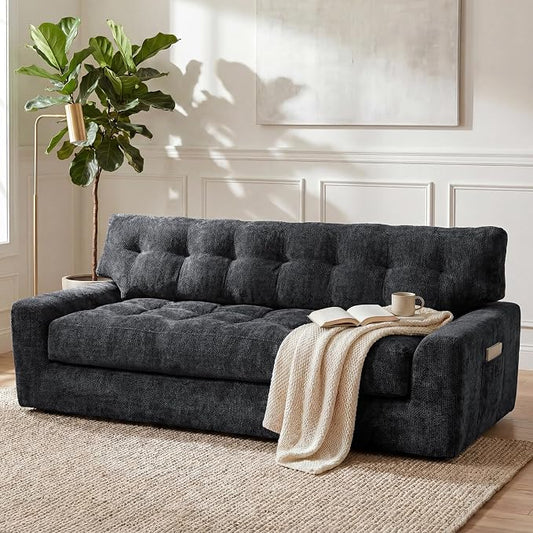 MONVANE 75.6" Convertible 3 Seater Sofa, Comfy Chenille Cloud Couch with Storage Pocket, Modern Deep Seat Boneless Couch, 3 Seater Sofa for Living Room, No Assembly Required, Black