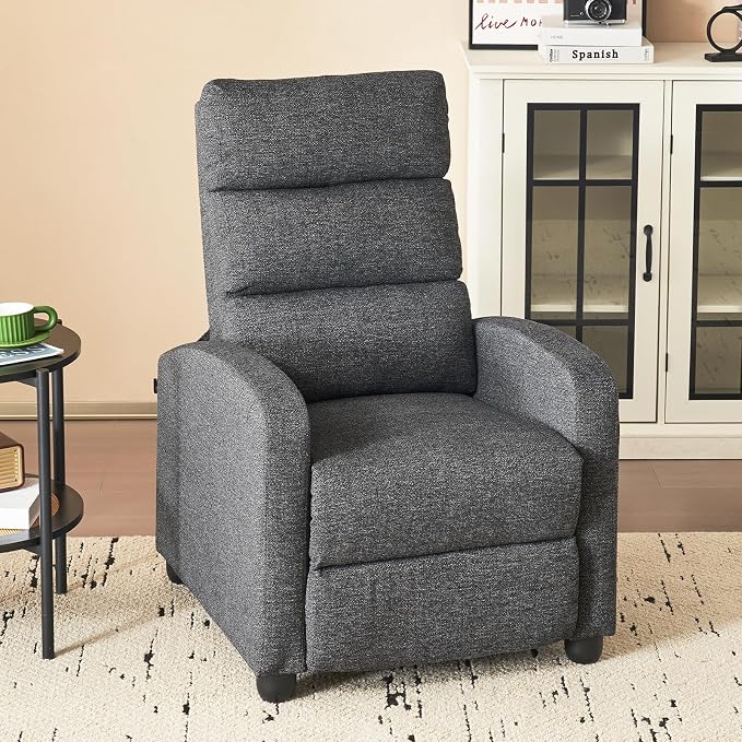 Furnimart Small Manual Recliner Chair for Compact Spaces, Overstuffed Chenille, Chunky Cushion, Comfortable Single Sofa Recliner for Adults, Ideal for Living Room, Bedroom, Home Theater, Gray