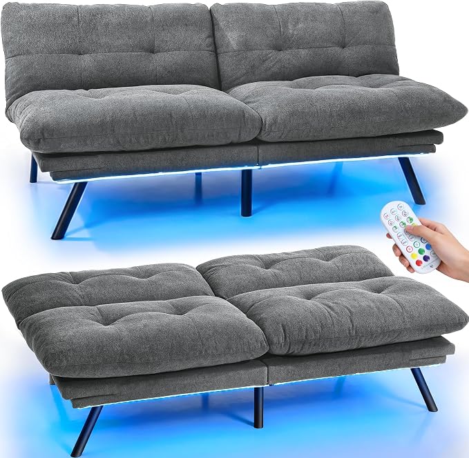 YITAHOME Convertible Futon Sofa Bed with Adjustable 3 Color Light Strip, 70" Folding Futon Set for Living Room Home Office Aprtment, Modern Futon Couch with Adjustable Backrest & Armrests, Grey