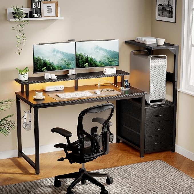 DUMOS 52” Gaming Desk with USB Charging Ports & LED Lights, Reversible Computer Desk with Drawers, PC Desk for Home Office Small Space, Gaming Table Fits PC Towers, Black