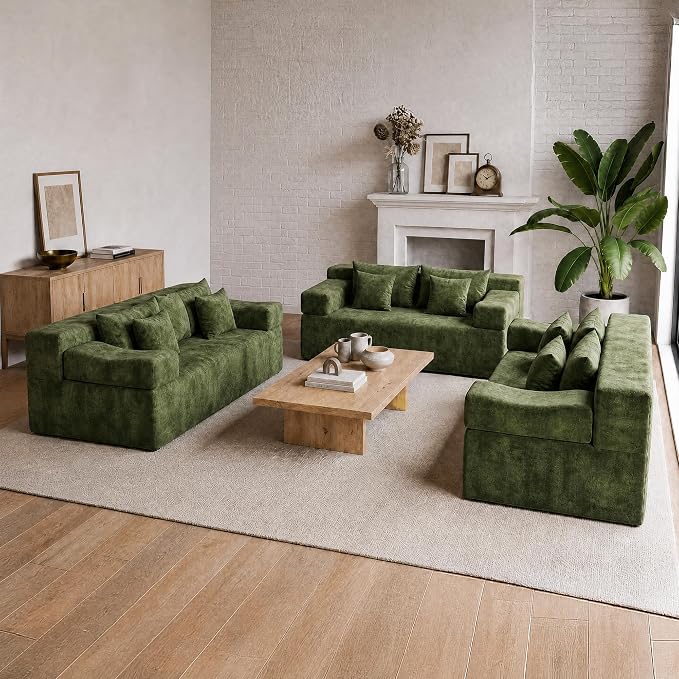 MONVANE 3-Piece Boneless Loveseat Couch Set for Living Room, Oversized Modular Sectional Sofa Set with Removable Armrests, Comfy Chenille Cloud Couch with 12 Pillows, No Assembly Required, Green