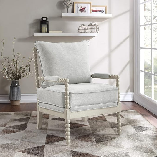 OSP Home Furnishings Kaylee Spindle Accent Chair with Antique White Wood Frame, Smoke Grey Fabric