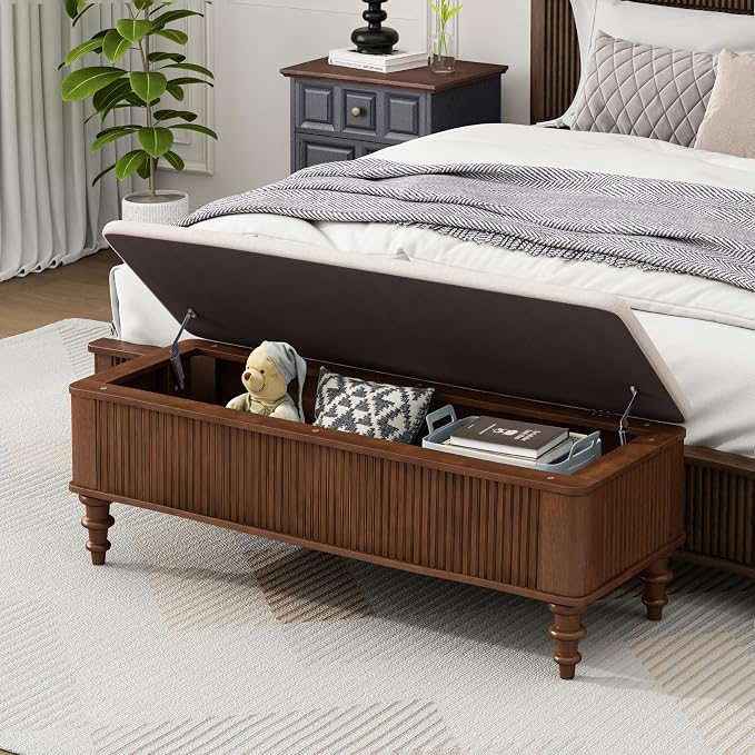 50.8-inch Multi-Functional Storage Ottoman Bench-Solid Rubberwood Bed End Bench with Linen Seat, Storage Bench for Bedroom, Entryway Shoe Organizer for Bedroom, Living Room, Entryway, Closet, Walnut