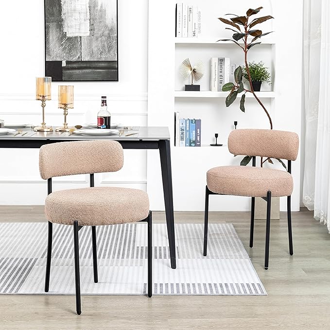 DYHOME Dining Chair One Chair,Boucle Dining Chair with Black Metal Legs,Upholstered Modern Kitchen Dining Room Chair Curved Backrest,Camel Color