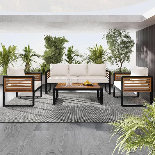 4-Pieces Outdoor Patio Sectional Sofa Set with Coffee Table, All-Weather 5 Person Conversation Set with Thick Cushions and Pillows for Garden Backyard Balcony, Acacia Wood Tabletop (Beige-N74)