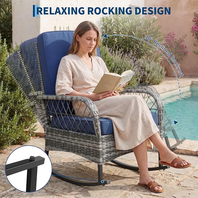 3 pcs Outdoor Rocking Bistro Set, Wicker Rocking Bistro Set with Thick Cushions, Outdoor Rocker Chairs and Coffee Table for Porch, Backyard or Garden (Gray&Blue)