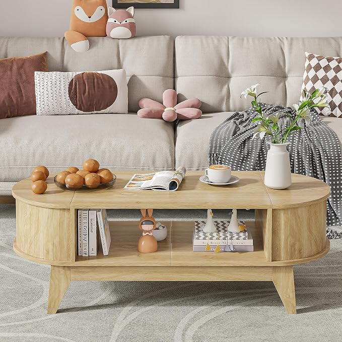 Coffee Table with 2 Hidden Storage,Mid Century Modern Coffee Table with Fluted Finish,Wood Center Tables Oval Coffee Tables with Flip-Top Lids for Living Room Home Office (Oak)
