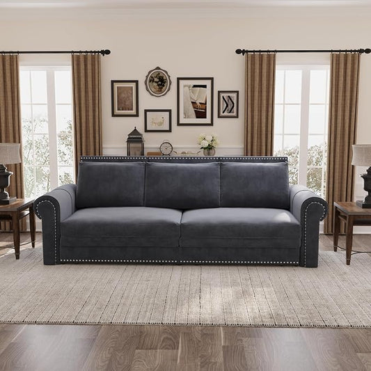 93.7" King Size Sleeper Sofa Bed, Pull Out Sofa Bed, Velvet Upholstery, 3 in 1 Convertible Sleeper Couch, Chaise Lounge, Retro Recliner for Living Room, Office, Apartment, Grey